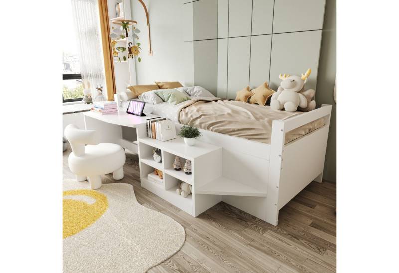 HAUSS SPOLE Kinderbett 90×200 mit Schreibtisch,Jugendbett Holzbett mit Steckdosen&Staufächern (mit integriertem Schreibtisch, USB-Steckdosen & Staufächern, robustes Holzbett, 90×200 cm), ohne Matratze von HAUSS SPOLE