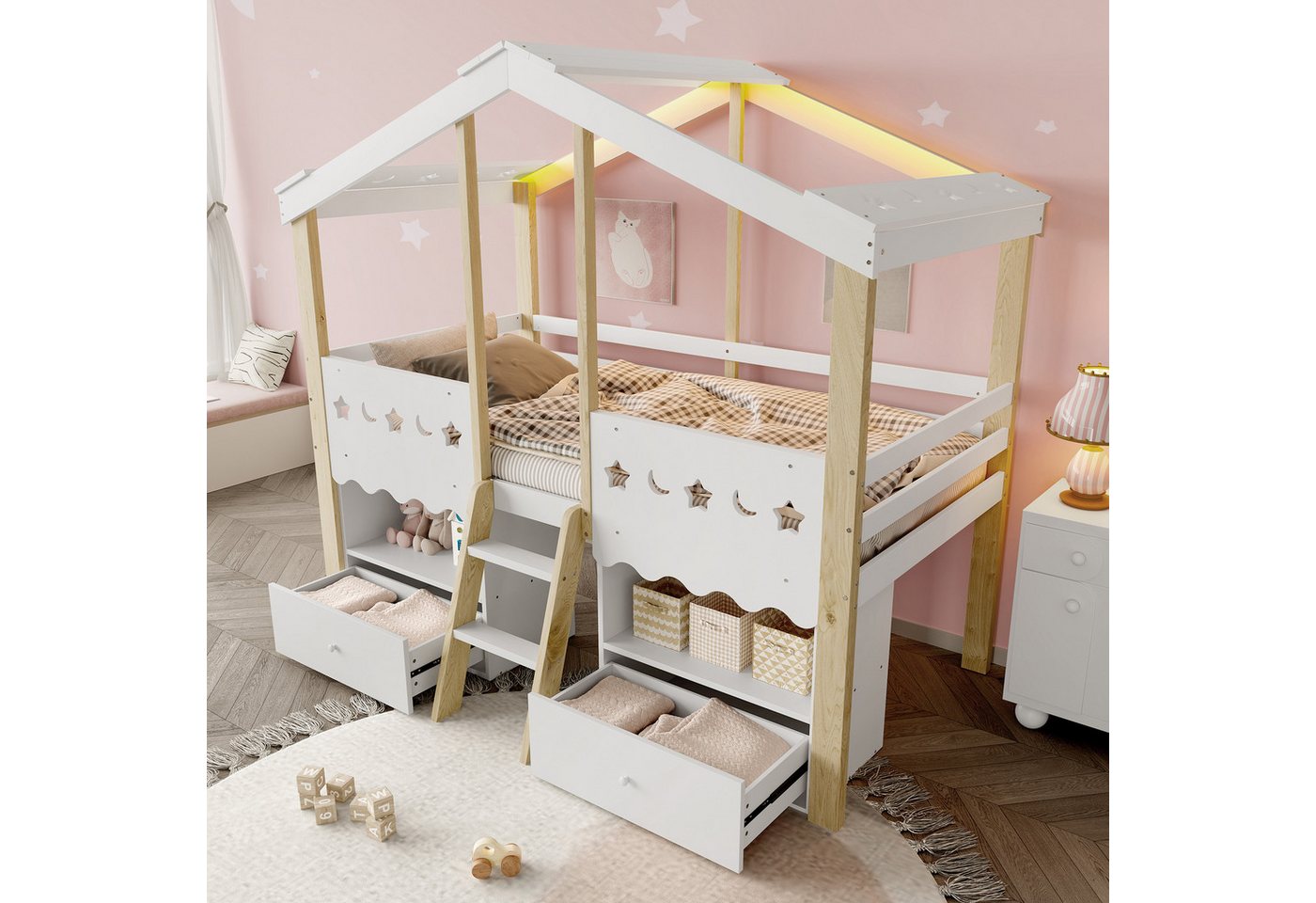 HAUSS SPOLE Kinderbett 90x200 mit Schubladen,Holzbett Kinderbett in Hausform mit LED&Dach (mit LED-Beleuchtung, 2 Schubladen, 90x200 cm), ohne Matratze von HAUSS SPOLE