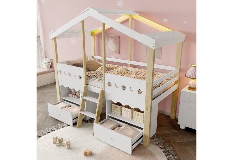 HAUSS SPOLE Kinderbett 90x200 mit Schubladen,Holzbett Kinderbett in Hausform mit LED&Dach (mit LED-Beleuchtung, 2 Schubladen, 90x200 cm), ohne Matratze von HAUSS SPOLE