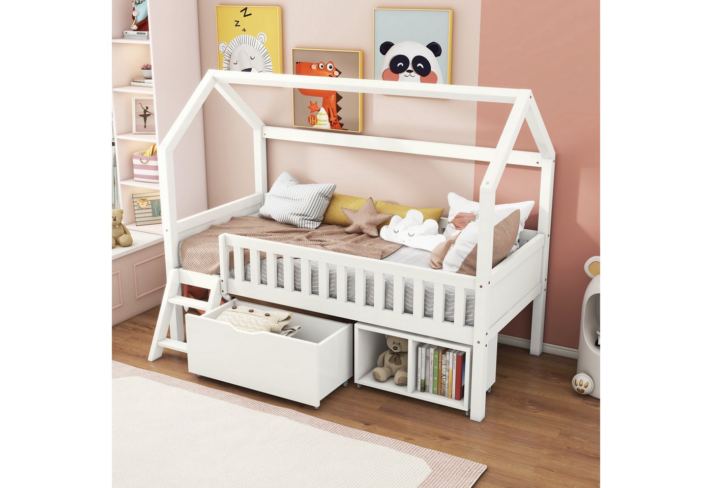 HAUSS SPOLE Kinderbett 90x200 mit Schubladen und Ablagefächern mit Anti-Drop-Geländer, Weiß (1 Schublade, 2 Ablagefächern), Mit Schubladen und Ablagefächern,Anti-Drop-Geländer,90x200cm von HAUSS SPOLE