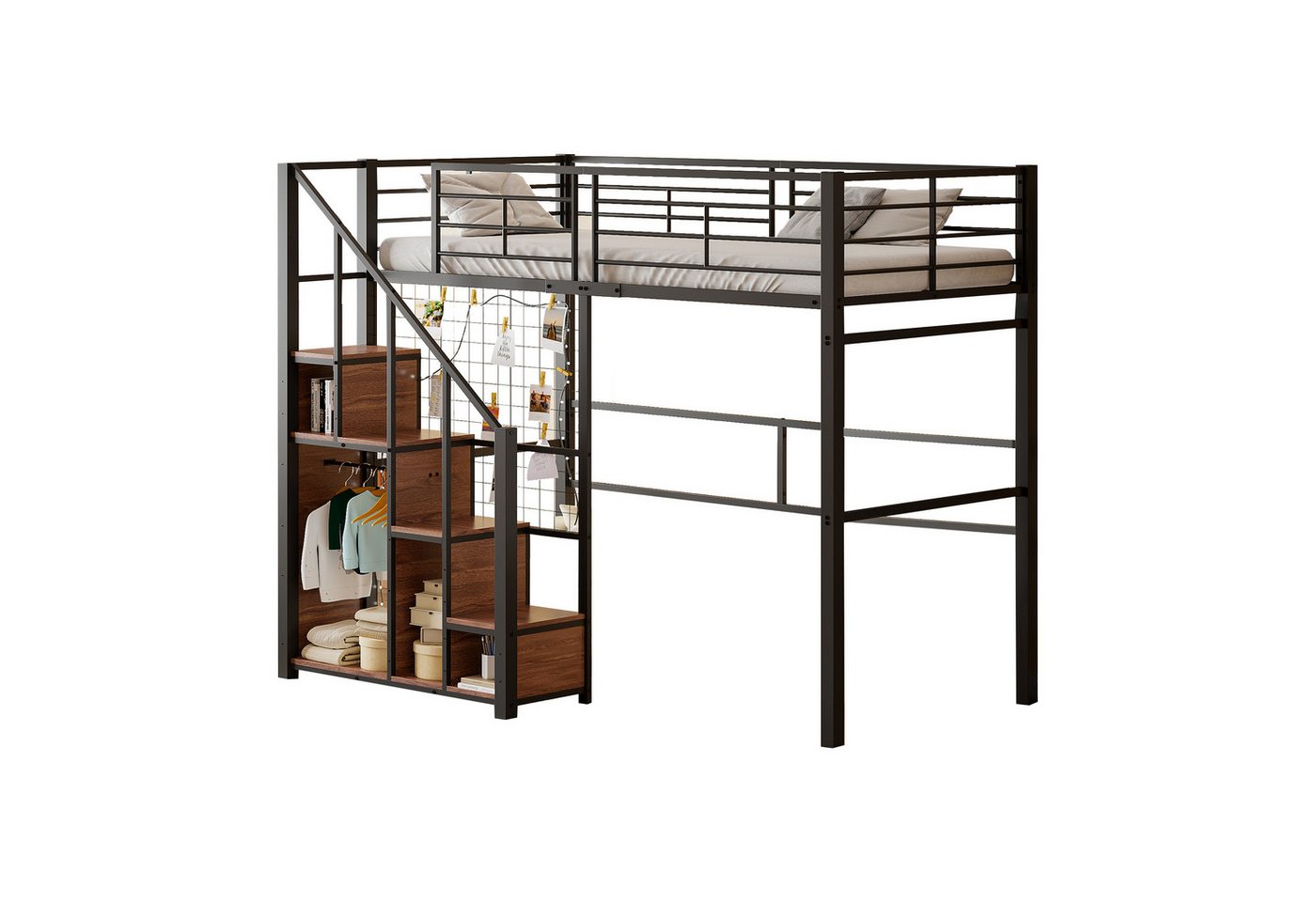 HAUSS SPOLE Kinderbett 90x200 mit Sicherheitsleiter, Eisenrahmen und Ablagefläche, Schwarz (Jugendbett, Hochbett, Metallbett, 90x200 cm), Kein Sofa oder Tisch von HAUSS SPOLE