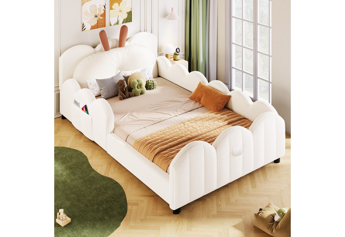 HAUSS SPOLE Kinderbett 90x200 mit Stauraum Kinderbett Tagesbett in Kaninchenform Beige (Schutzgeländer & gepolsterte Seiten., 1-tlg., 90x200), mit Kissen in Kaninchenform von HAUSS SPOLE