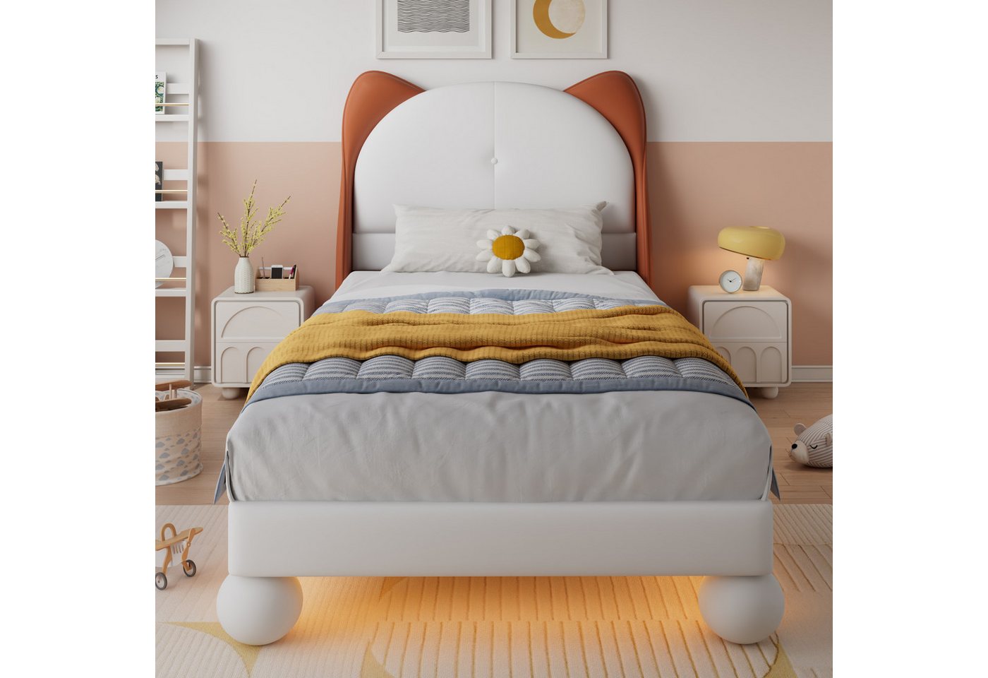 HAUSS SPOLE Kinderbett 90x200cm Katzenohren-Kopfteil, LED-Lichtleiste unter dem Bett, PU (kunstleder, Einzelbett Polsterbett, 90x200 cm), ohne Matratze von HAUSS SPOLE