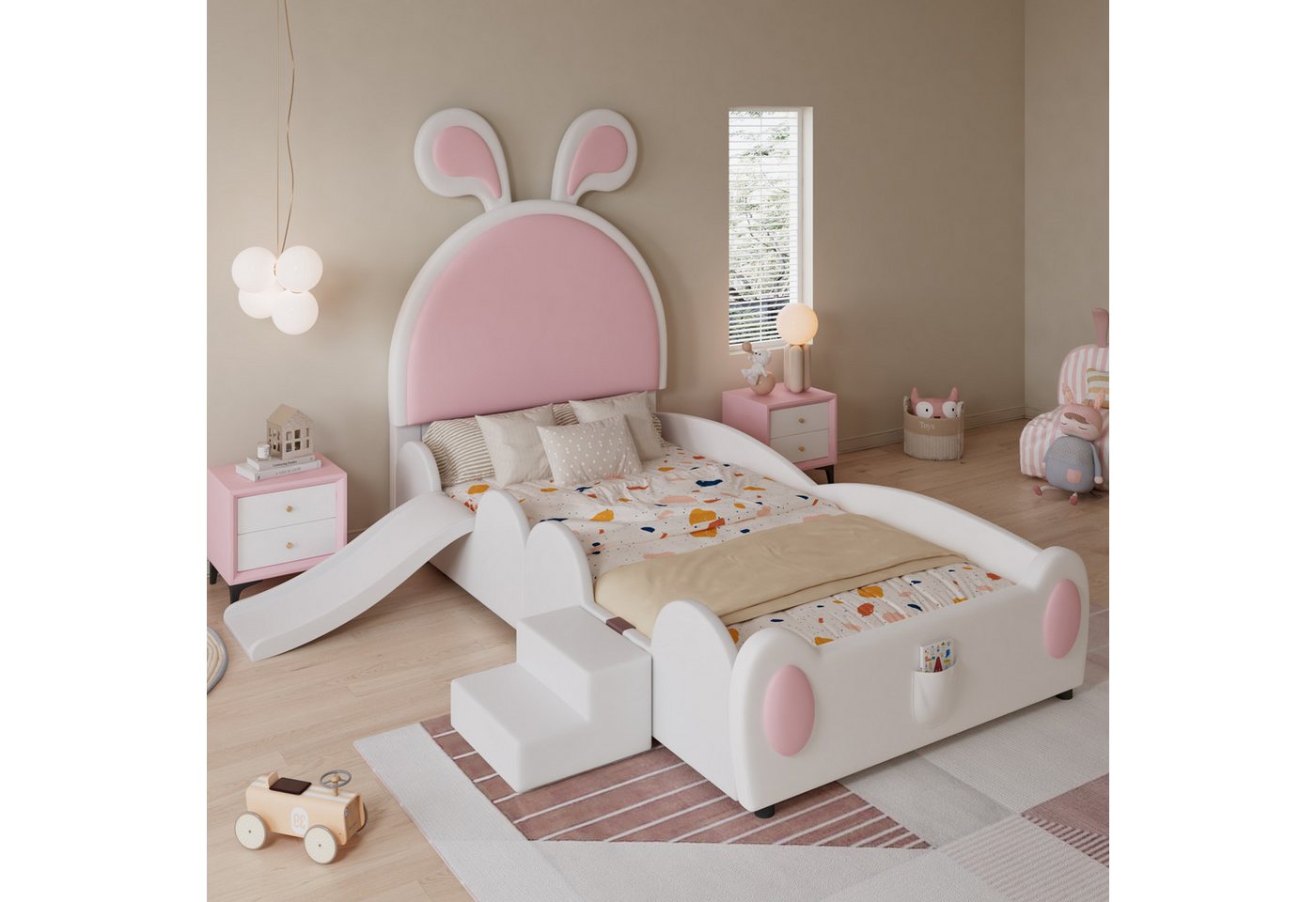 HAUSS SPOLE Kinderbett 90x200cm Mit kleiner Treppe und Kinderrutsche, Kopfteil mit Hasenohren (mit Kinderrutsche & Treppe, mit Aufbewahrungstasche, Kinder-Einzelbett mit rosa Hasenohren 90x200 cm), Ohne Matratze von HAUSS SPOLE