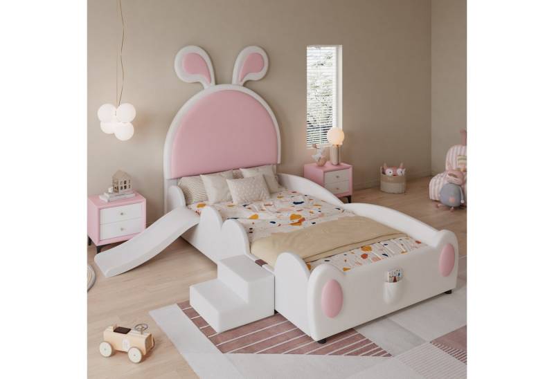 HAUSS SPOLE Kinderbett 90x200cm Mit kleiner Treppe und Kinderrutsche, Kopfteil mit Hasenohren (mit Kinderrutsche & Treppe, mit Aufbewahrungstasche, Kinder-Einzelbett mit rosa Hasenohren 90x200 cm), Ohne Matratze von HAUSS SPOLE