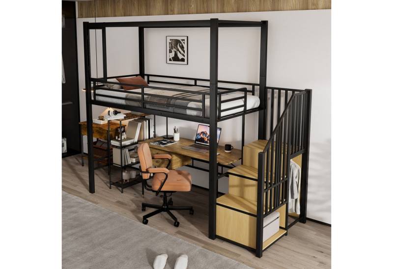 HAUSS SPOLE Kinderbett 90x200cm Treppe mit einer Garderobe und Ablagefächern, Schwar+ Natur (Metallbett Hochbett aus Eisen + MDF, 90x200cm), ohne Matratze von HAUSS SPOLE