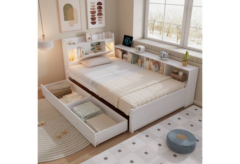 HAUSS SPOLE Kinderbett 90x200cm mit Ablagefach, 2 Leuchten, Ladebuchse, 2 Schubladen, Weiß (90x200 cm mit Stauraum, Kopfteil und integrierten Leuchten, Ladebuchse, seitliche Schränke & Schubladen, Paneelbett aus Kiefer, MDF & Spanplatte), ohne Matratze von HAUSS SPOLE