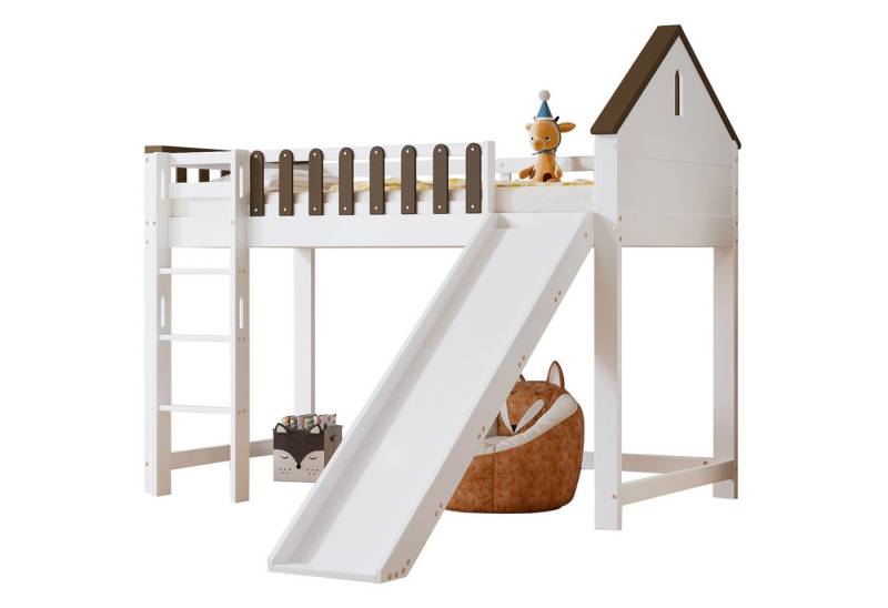 HAUSS SPOLE Kinderbett 90x200cm mit Dach, Fenster, Leiter, Rutsche, Kinderbett Weiß+Walnuss (Hochbett mit Rutsche & Hausdach, 90x200 cm, Kinderbett mit Fenster, Sicherer Aufstieg & Spielspaß., Hochbett 90x200cm), ohne Matratze von HAUSS SPOLE