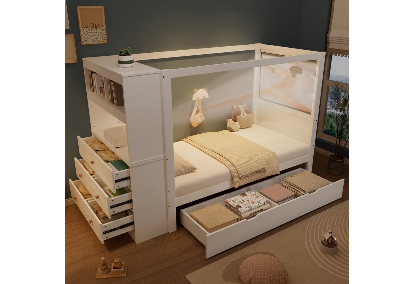 HAUSS SPOLE Kinderbett 90x200cm mit Fallschutz, Lagerschrank mit 5 Schubladen, Weiß (mit Stauraum, Kiefernholz & MDF, 5 Schubladen und Fallschutz, Kinderbett mit Schreibtisch, 90x200 cm, für Kinderzimmer & Jugendzimmer), ohne Matratze HAUSS SPOLE Kinderbett 90x200cm mit Fallschutz, Lagerschrank mit 5 Schubladen, Weiß (mit Stauraum, Kiefernholz & MDF, 5 Schubladen und Fallschutz, Kinderbett mit Schreibtisch, 90x200 cm, für Kinderzimmer & Jugendzimmer), ohne Matratze von HAUSS SPOLE
