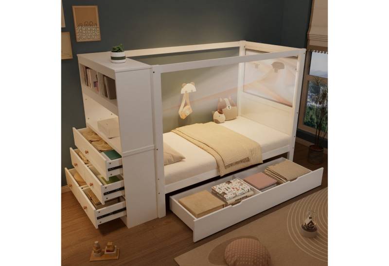 HAUSS SPOLE Kinderbett 90x200cm mit Fallschutz, Lagerschrank mit 5 Schubladen, Weiß (mit Stauraum, Kiefernholz & MDF, 5 Schubladen und Fallschutz, Kinderbett mit Schreibtisch, 90x200 cm, für Kinderzimmer & Jugendzimmer), ohne Matratze von HAUSS SPOLE