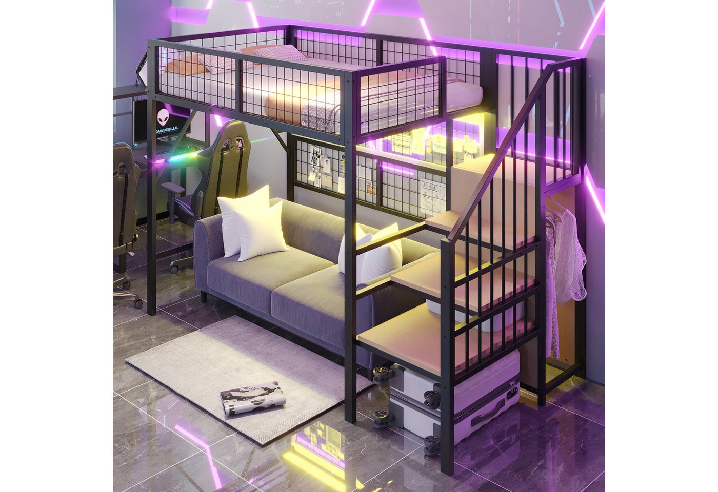 HAUSS SPOLE Kinderbett 90x200cm mit LED-Lichtleisten Treppe mit Stauraum, Kleiderschrank (mit App-gesteuerten LED-Leuchten, Stauraum-Treppe und offenem Kleiderschrank, 90x200 cm), ohne Matratze von HAUSS SPOLE