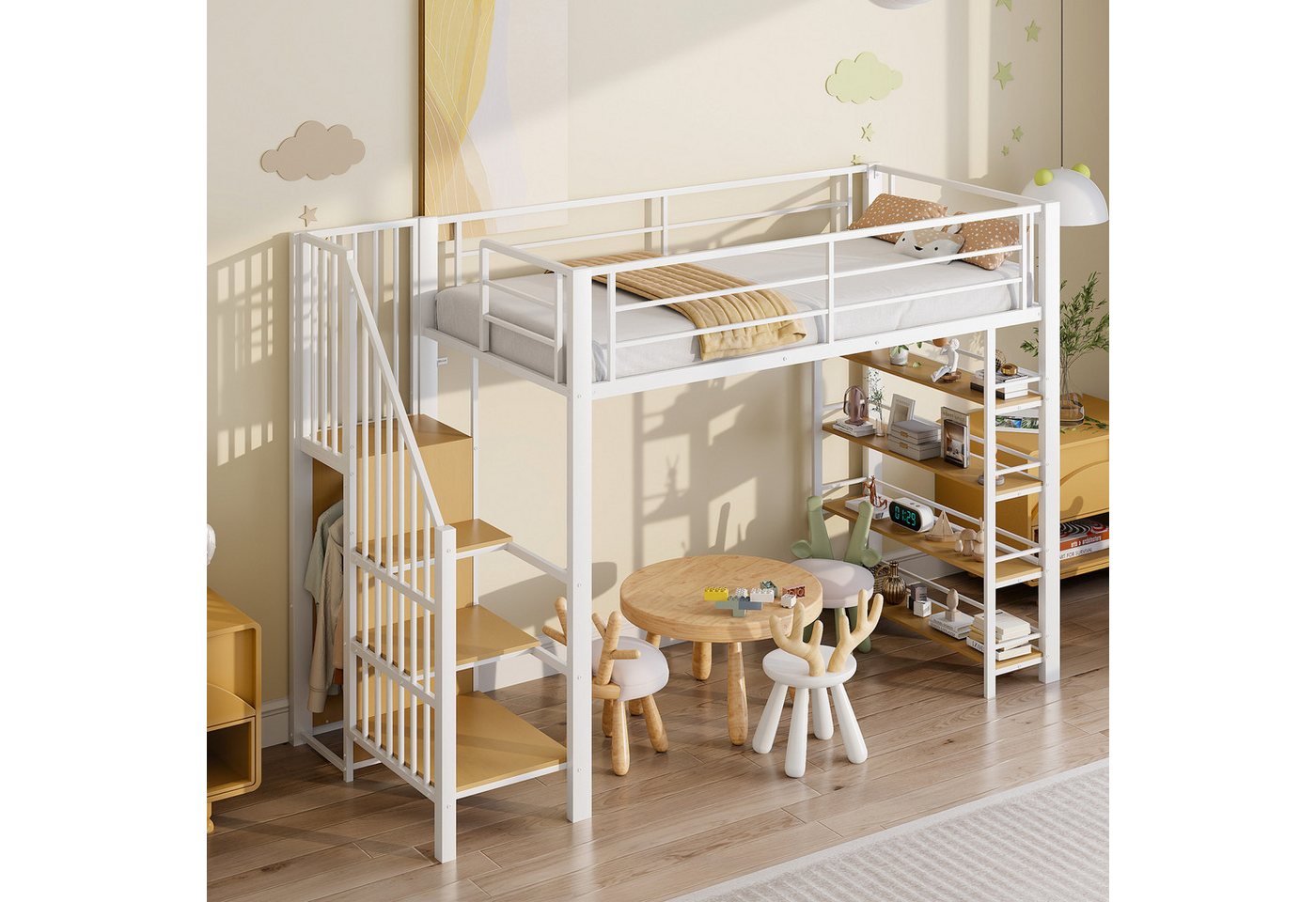 HAUSS SPOLE Kinderbett 90x200cm mit Sicherheitstreppe, Kleiderschrank, Einlegeböden Weiß (Hochbett Einzelbett mit hohem Zaun und Regalen, 90x200 cm), ohne Matratze von HAUSS SPOLE