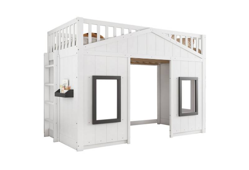 HAUSS SPOLE Kinderbett 90x200cm mit Treppe, Fallschutz, Gitter, Kinderbett mit Fenster, Weiß (mit Treppe, Fenster & Fallschutz – Funktionsbett aus Kiefer & MDF, 90x200 cm, Flexibel gestaltbarer Stauraum, 1-tlg., modernes Design für Jugendzimmer), ohne Matratze von HAUSS SPOLE