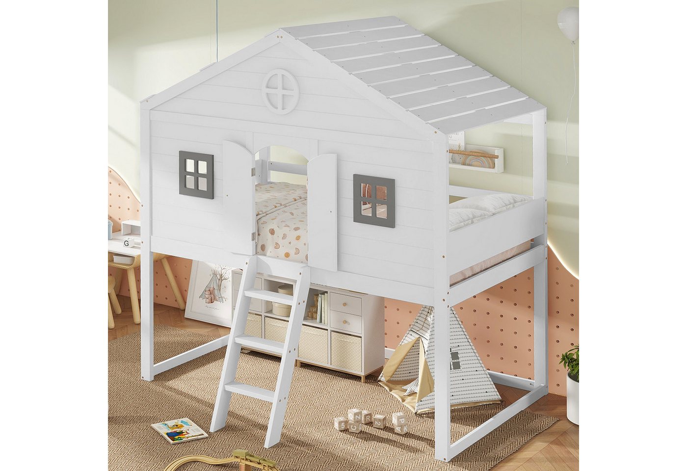HAUSS SPOLE Kinderbett 90x200cm mit Treppe, mit Fallschutz und Gitter, mit Fenster, Weiß+Grau (90x200 cm mit Treppe & Fallschutz, 2 Fenster & offenes Unterbett, aus Kiefer & MDF, sicher & platzsparend für Kinderzimmer), Ohne Matratze HAUSS SPOLE Kinderbett 90x200cm mit Treppe, mit Fallschutz und Gitter, mit Fenster, Weiß+Grau (90x200 cm mit Treppe & Fallschutz, 2 Fenster & offenes Unterbett, aus Kiefer & MDF, sicher & platzsparend für Kinderzimmer), Ohne Matratze von HAUSS SPOLE