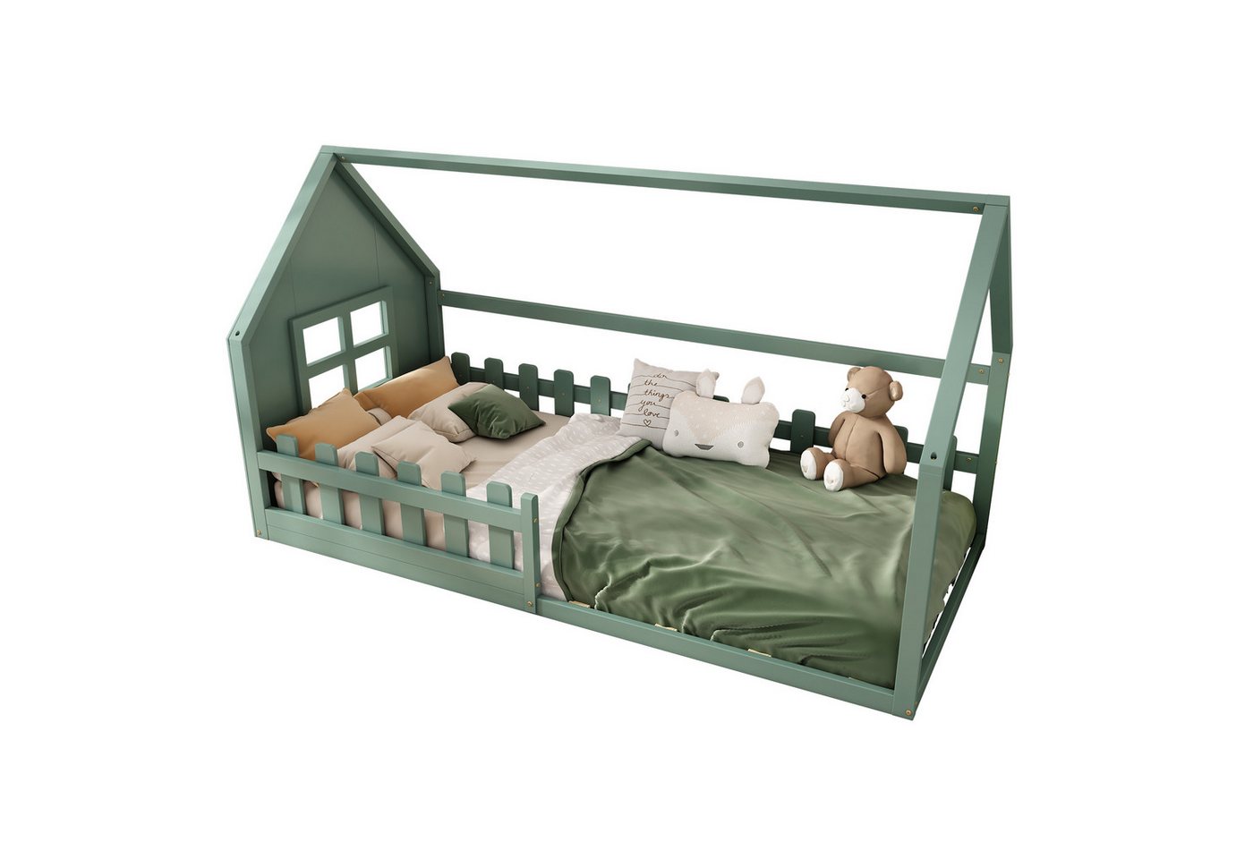 HAUSS SPOLE Kinderbett 90x200cm mit Zäune und Lattenrost Kinderbett in Hausform, Grün (90*200cm), ohne Matratze von HAUSS SPOLE