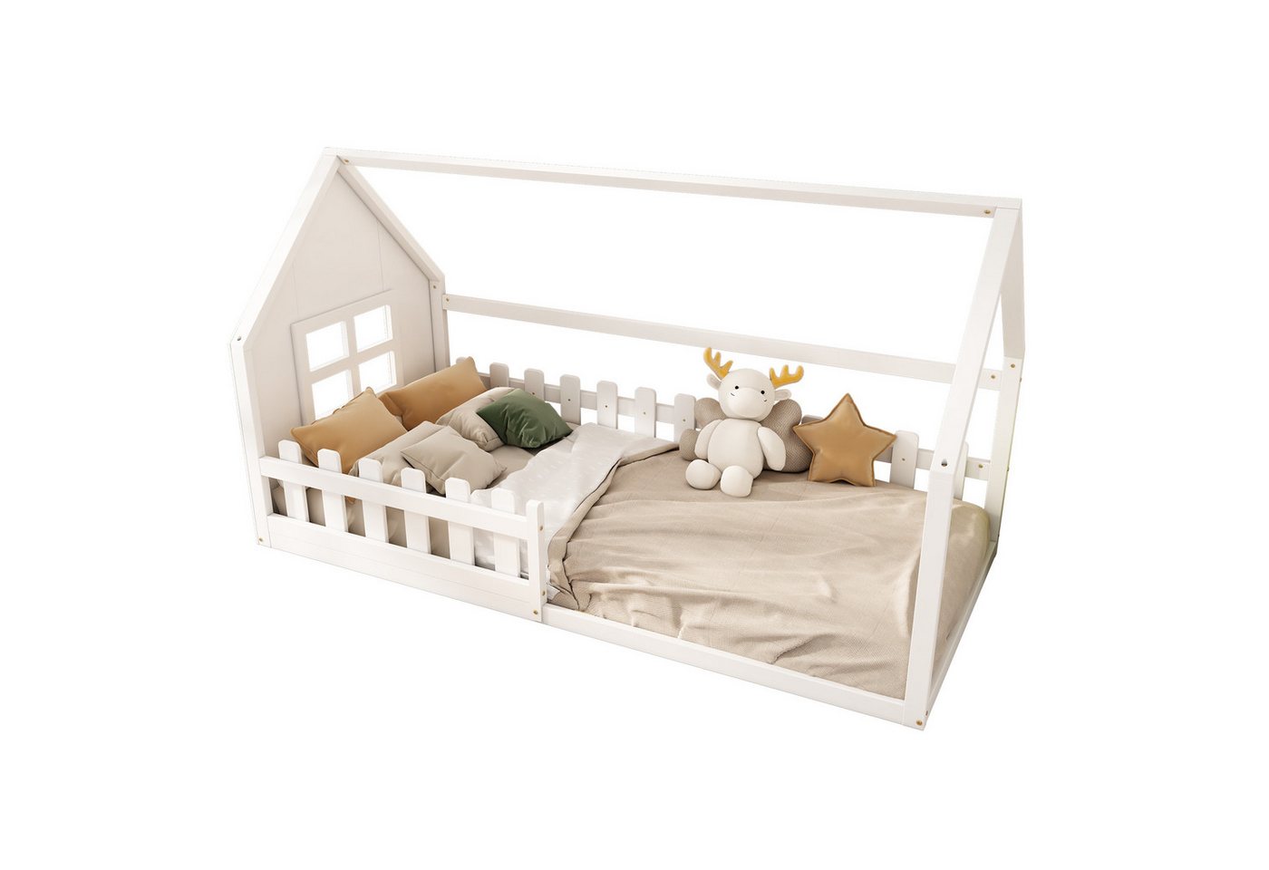 HAUSS SPOLE Kinderbett 90x200cm mit Zäune und Lattenrost Kinderbett in Hausform, weiß (90*200cm), ohne Matratze von HAUSS SPOLE