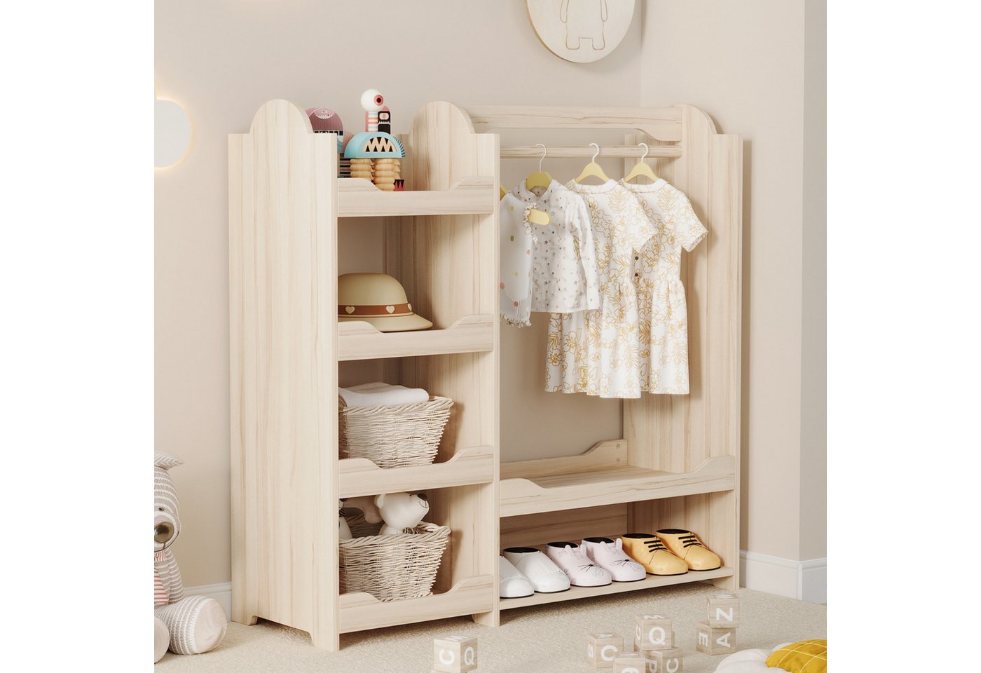 HAUSS SPOLE Kinderbett Kleidungschrank Kindergarderobe Standgarderobe mit Stange & 4 Regalen (Kindergarderobe, Kinderkleiderschrank, Standgarderobe, mit Kleiderstange,4 Regalen), für Kinder, 110*39*110 cm von HAUSS SPOLE