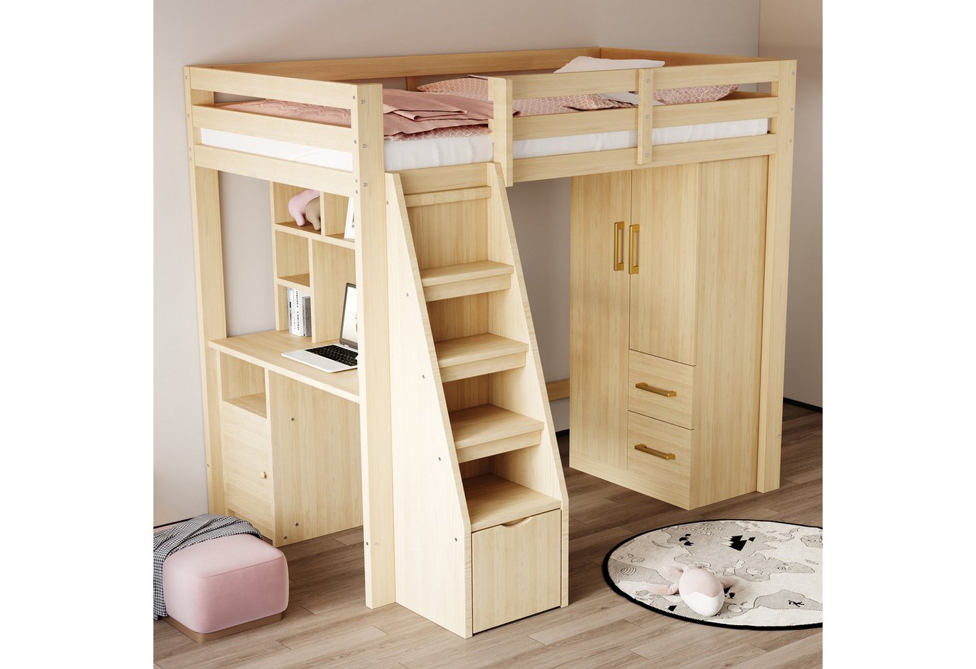 HAUSS SPOLE Kinderkleiderschrank mit Schubladen,Flurgarderobe Garderobenschrank mit Kleiderstange (mit Doppeltüren, Schubladen & Stauraum, 70 x 40 x 135 cm) von HAUSS SPOLE