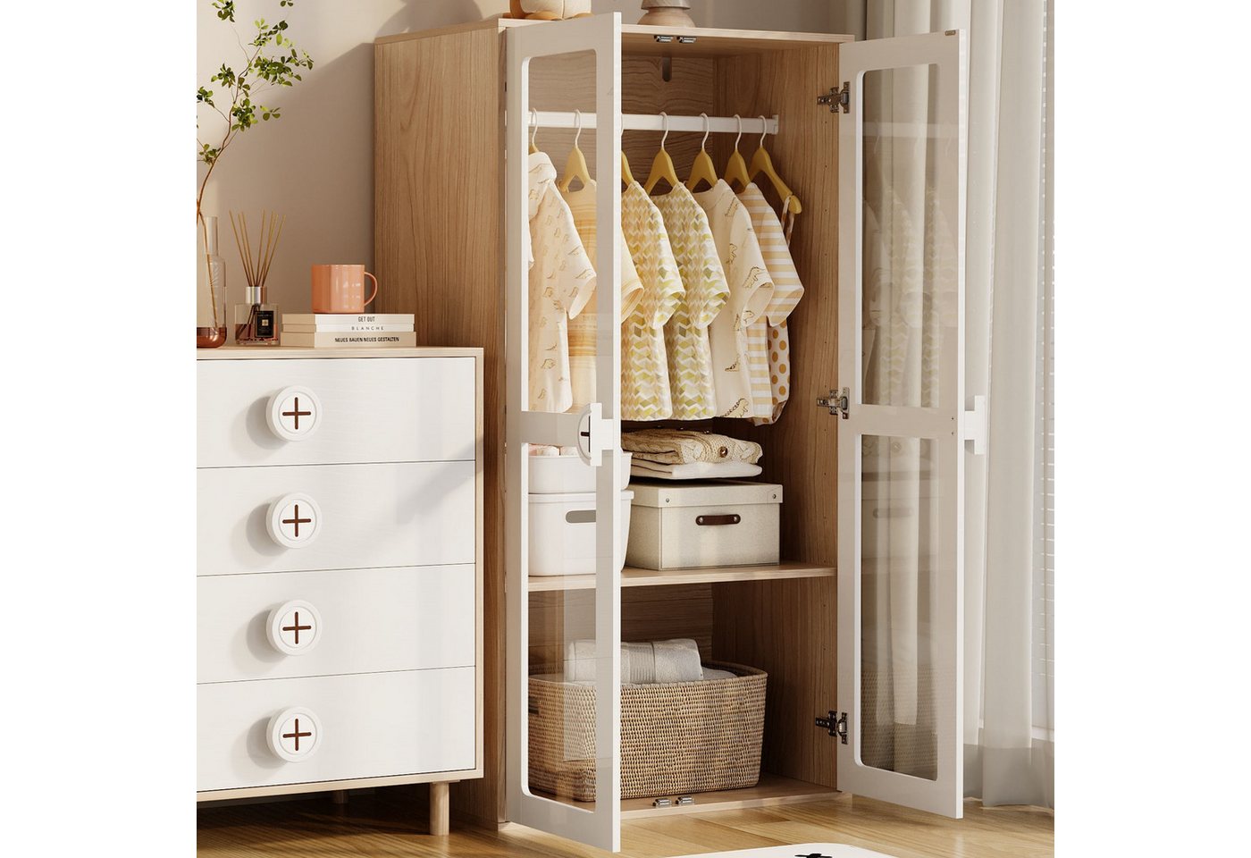 HAUSS SPOLE Kleiderschrank Kinderkleiderschrank mit Kleiderstange und Glas-Tür,Kleiderschrank von HAUSS SPOLE