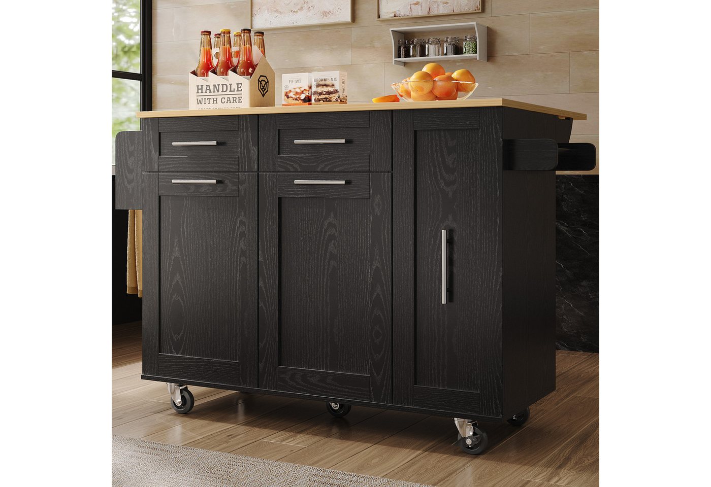 HAUSS SPOLE Kücheninsel Küchenschrank, Speisewagen mit Speicherraum, Snackregalen Schwarz, (Multifunktionale Kücheninsel mit klappbarer Tischplatte, Stauraum und Metallrahmen – eleganter Esswagen mit Holzmaserung, ideal für Küchen und Esszimmer, für moderne Haushalte und kleinere Räume) von HAUSS SPOLE