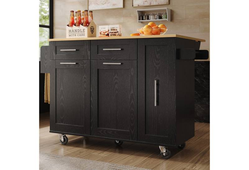 HAUSS SPOLE Kücheninsel Küchenschrank, Speisewagen mit Speicherraum, Snackregalen Schwarz, (Multifunktionale Kücheninsel mit klappbarer Tischplatte, Stauraum und Metallrahmen – eleganter Esswagen mit Holzmaserung, ideal für Küchen und Esszimmer, für moderne Haushalte und kleinere Räume) von HAUSS SPOLE