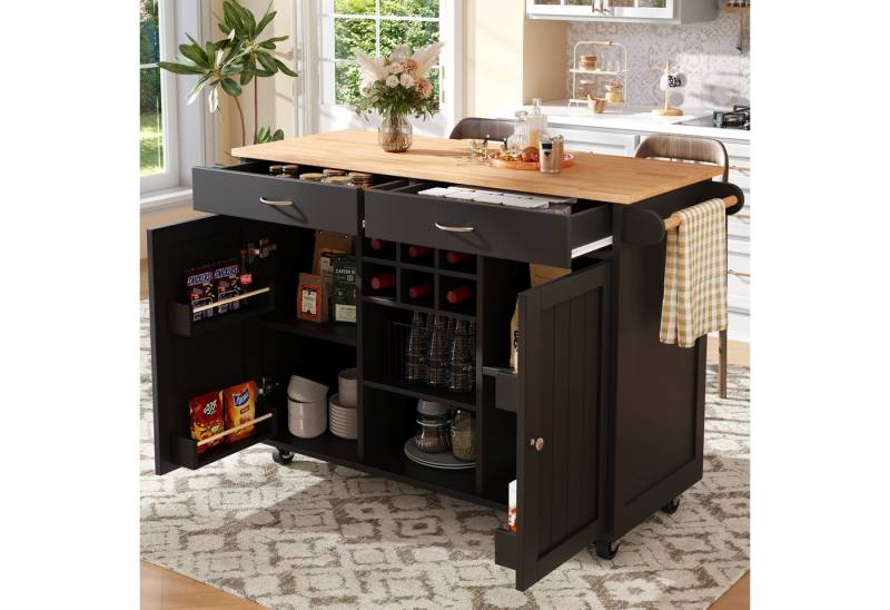 HAUSS SPOLE Kücheninsel Küchenschrank, buffetschrank, Speisewagen mit Speicherraum, Schwarz, (Moderne Kücheninsel mit Holzmaserung – Multifunktionaler Servierwagen und Buffetschrank, flexibler Stauraum mit verstellbarem Weinregal, 360° Lenkrollen) HAUSS SPOLE Kücheninsel Küchenschrank, buffetschrank, Speisewagen mit Speicherraum, Schwarz, (Moderne Kücheninsel mit Holzmaserung – Multifunktionaler Servierwagen und Buffetschrank, flexibler Stauraum mit verstellbarem Weinregal, 360° Lenkrollen) von HAUSS SPOLE