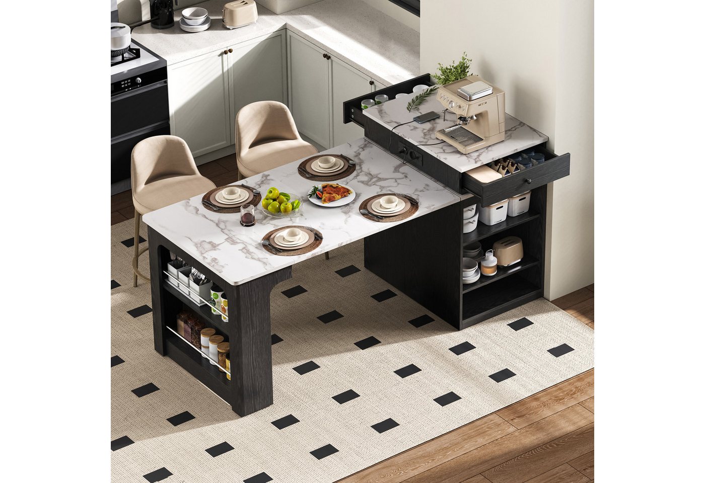 HAUSS SPOLE Kücheninsel mit ausziehbarer Esstisch Bartisch mit Steckdosen Küchentisch von HAUSS SPOLE