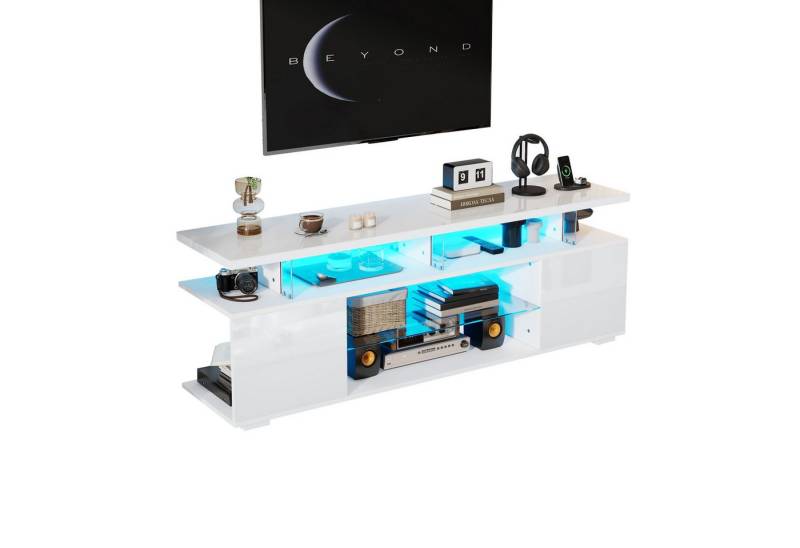 HAUSS SPOLE Lowboard Hochglanz mit LED-Beleuchtung Stauräume, für 60-Zoll-Fernseher weiß (TV-Panel, TV-Glasschrank, universelle Gaming-Medienständer, 1 St., LED (16 Farben und 4 dynamische Modi), mit LED-Beleuchtung, für 60-Zoll-Fernseher von HAUSS SPOLE