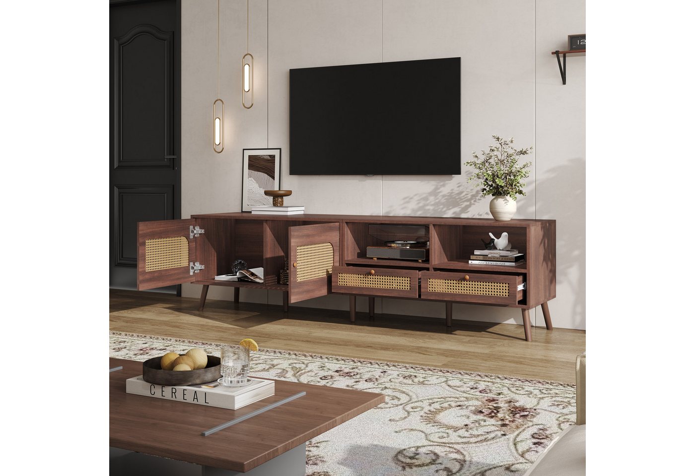 HAUSS SPOLE Lowboard TV-Schrank für 80-Zoll-Fernseher mit 2 Rattantüren, 2 Schublade, Braun (Fernsehtisch,TV-Ständer, Fernsehschrank, 1 St., für 80-Zoll-Fernseher), mit 2 Rattantüren, 2 Schubladen von HAUSS SPOLE