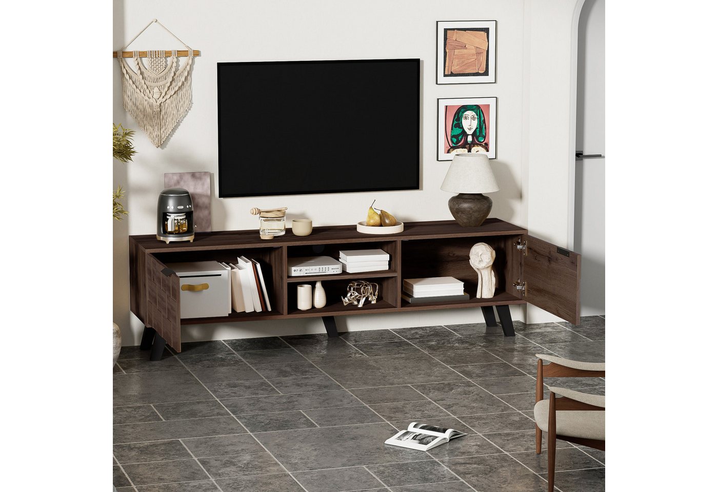 HAUSS SPOLE Lowboard TV-Schrank in wohnzimmer Fernsehschrank in dunkelholzener Maserung (Fernsehtisch,TV-Board,TV-Ständer, 2 Türen, 2 offenen Fächern), mit Holzmaserungsdesign von HAUSS SPOLE