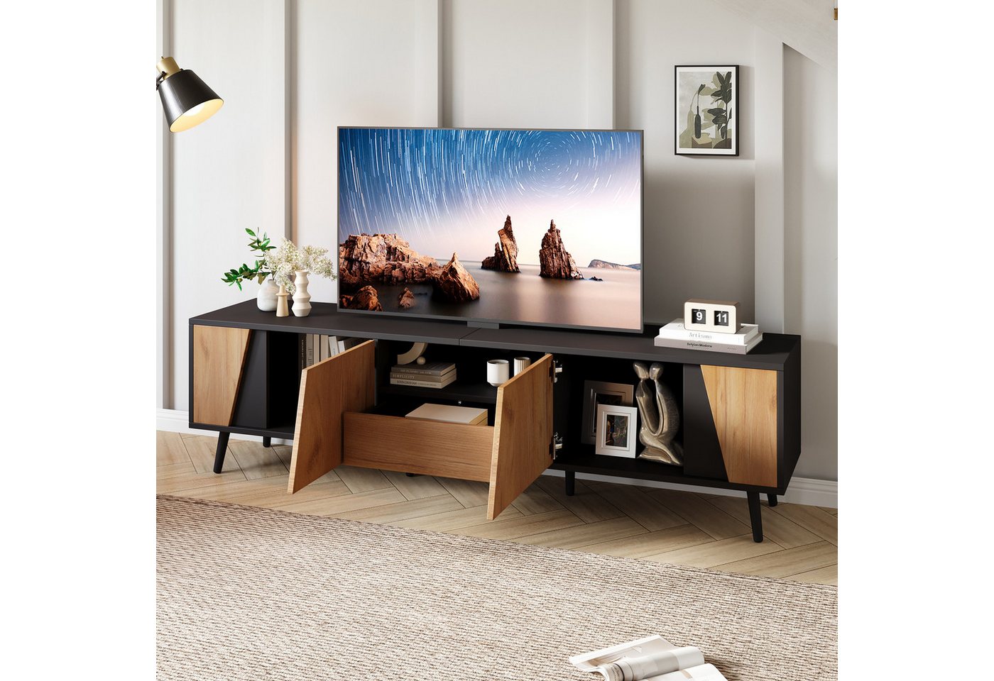 HAUSS SPOLE Lowboard TV-Schrank mit Schubladen, 2 Schränken für 75-Zoll-Wohnzimmerschränke (Fernsehtisch, Wohnzimmermöbel, 1 St., mit Schubladen und 2 Schränken), mit 6 Stützbeinen aus Massivholz von HAUSS SPOLE