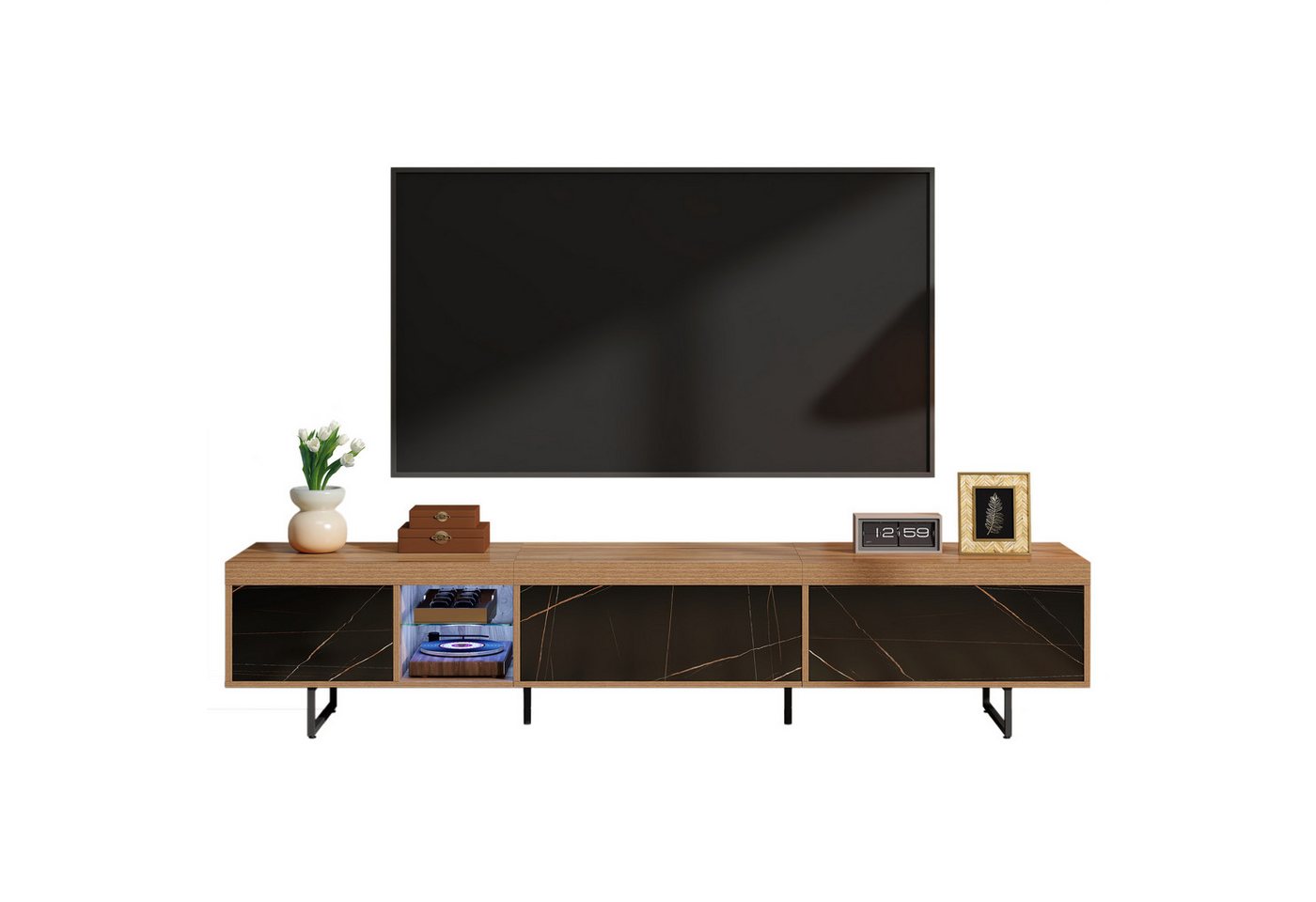 HAUSS SPOLE Lowboard lowboard mit Metallbeine, Glastrennwand und LED-Beleuchtung Holzfarbe (Fernsehtisch,TV-Board,TV-Ständer, 1 St., 3 Türen), mit Glas und farbwechselnder LED-Beleuchtung von HAUSS SPOLE