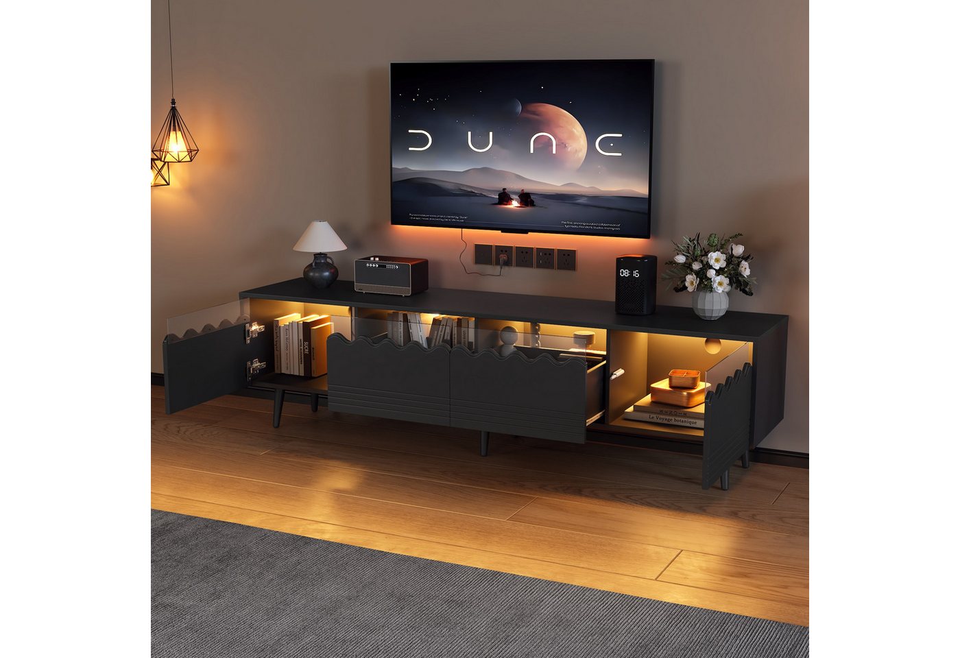 HAUSS SPOLE Lowboard mit 2 Schubladen, 2 Schränken für TV-Ständer bis zu 75 Zoll, Schwarz (Wohnzimmermöbel, Fernsehtisch, 1 St., mit 2 Schubladen und 2 Schränken), 176*38*45cm TV-Board mit 6 Stützbeinen von HAUSS SPOLE