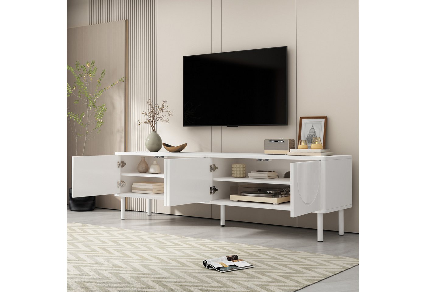 HAUSS SPOLE Lowboard mit Stauraum, matte Oberfläche für Wohnzimmer, Schlafzimmer oder Flur (Wohnzimmermöbel, Fernsehschrank, 1 St., 4 kunstvolle 3D-Relieftüren), matte Oberfläche, Kabelmanagement von HAUSS SPOLE