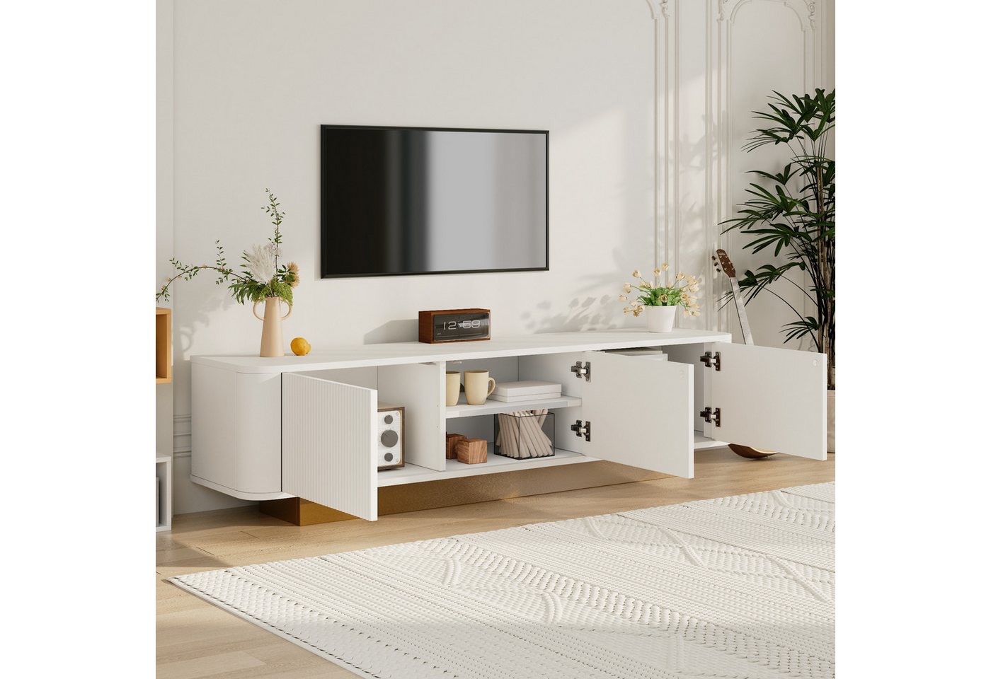 HAUSS SPOLE Lowboard mit Stauraum – Abgerundetes Design, Kabelmanagement, Texturfront, Weiß (TV-Board, Wohnzimmermöbel, 1 St., Kabelmanagement, Texturfront), Abgerundetes Design von HAUSS SPOLE
