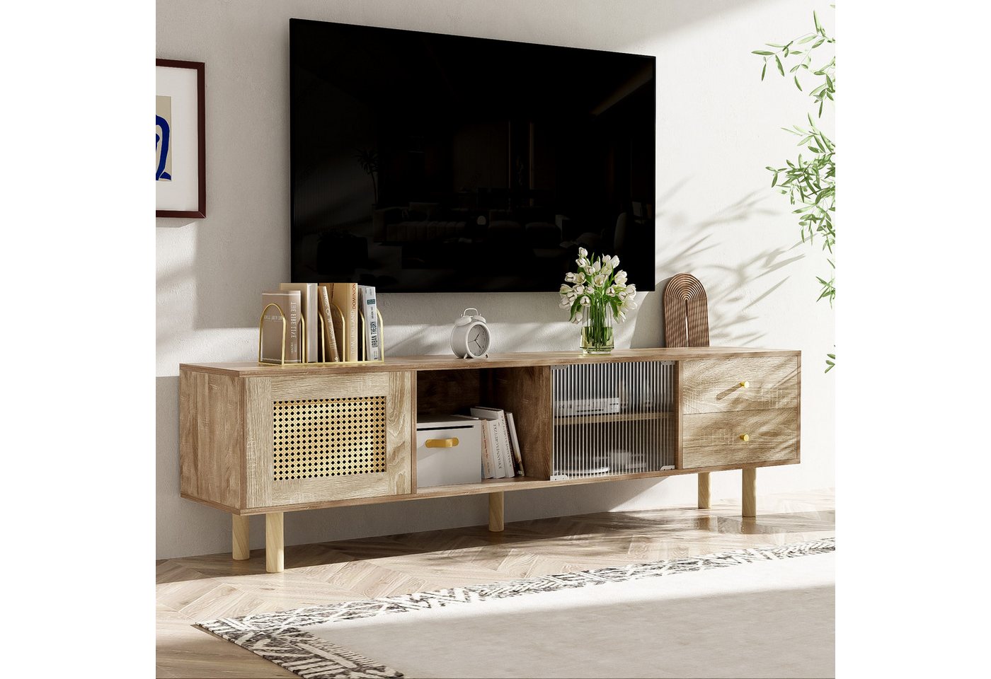 HAUSS SPOLE Lowboard mit Tür in Rattanoptik, offenen Fächern und Glastüren, Schubladen (Fernsehtisch, TV-Board, 1 St., 2 Türen in Rattanoptik, 2 Schubladen), mit 6 Fächern,1 Glasschiebetüren,1 Rattantür von HAUSS SPOLE