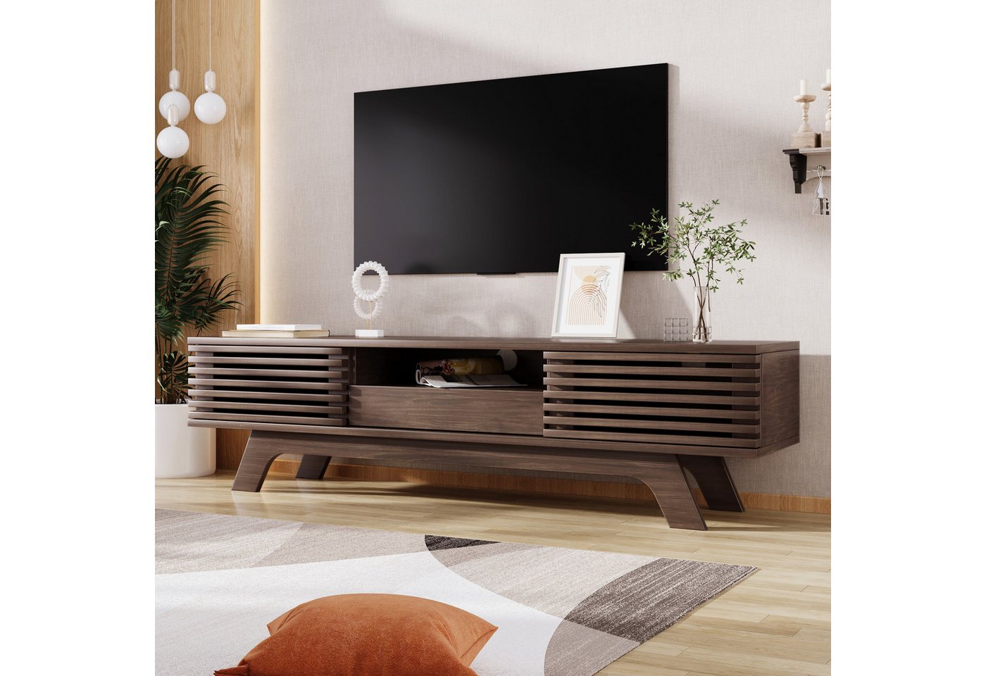 HAUSS SPOLE Lowboard mit einer Schublade und 2 Türen, einzigartiges Design, Holzfarbe (TV-Möbel, TV-Panel, 1 St., Zwei Türen und eine Schublade), mit offene Fächer und durchdachte Kabeldurchführungen von HAUSS SPOLE