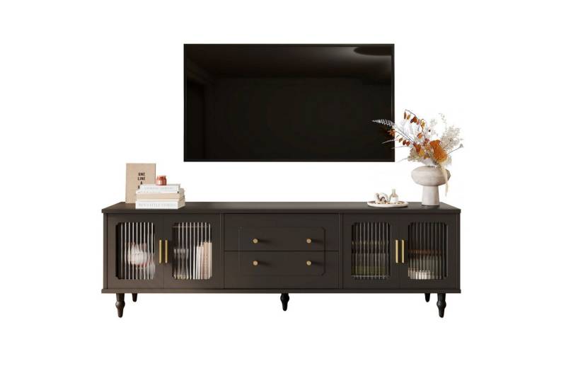 HAUSS SPOLE Lowboard mit goldene Griffe, viel Stauraum, Glastür und Beinen aus Massivholz (TV-Möbel im Retro-Stil, mit 4 Tür 4 Metallbeinen), aus Spanplatte von HAUSS SPOLE