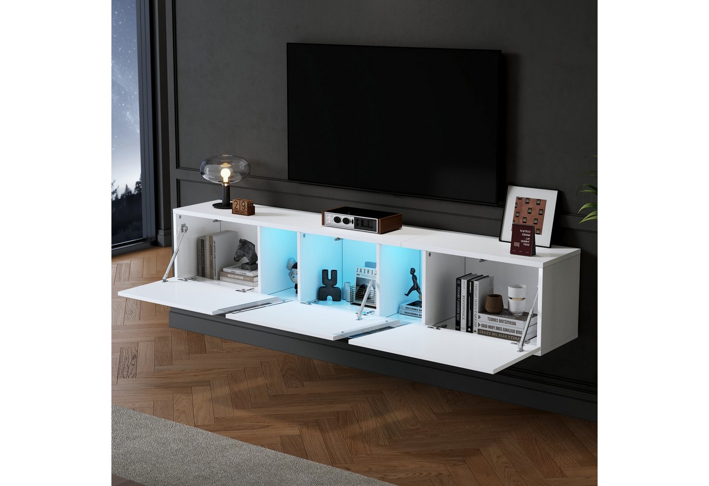 HAUSS SPOLE Lowboard wandmontierter TV-Schrank mit LED-Leuchten, 3 Schranktüren, Weiß (Fernsehtisch, Wohnzimmermöbel, 1 St., mit 3 Schranktüren), mit LED-Leuchten von HAUSS SPOLE