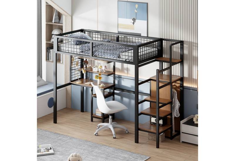 HAUSS SPOLE Metallbett 90x200 mit Sicherheitsleiter, Kleiderschrank und Computertisch Schwarz (mit Eisenrahmen Kleiderschrank und Computertisch, mit Sicherheitsleiter), modernes Design von HAUSS SPOLE