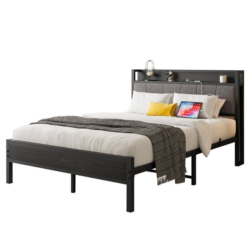 HAUSS SPOLE Metallbett Stauraum-Kopfteil mit Steckdose, 2 USB-Ladeanschlüssen, 140x200cm (Bis zu 400 lbs Tragkraft, einfach zu montieren, kostengünstige Wahl), Geeignet für Kinder und verschiedene Matratzen von HAUSS SPOLE