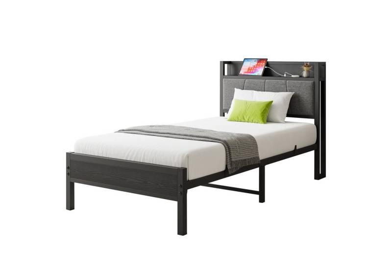 HAUSS SPOLE Metallbett Stauraum-Kopfteil mit Steckdose, 2 USB-Ladeanschlüssen, 90x200cm (Bis zu 400 lbs Tragkraft, einfach zu montieren, kostengünstige Wahl), Geeignet für Kinder und verschiedene Matratzen von HAUSS SPOLE