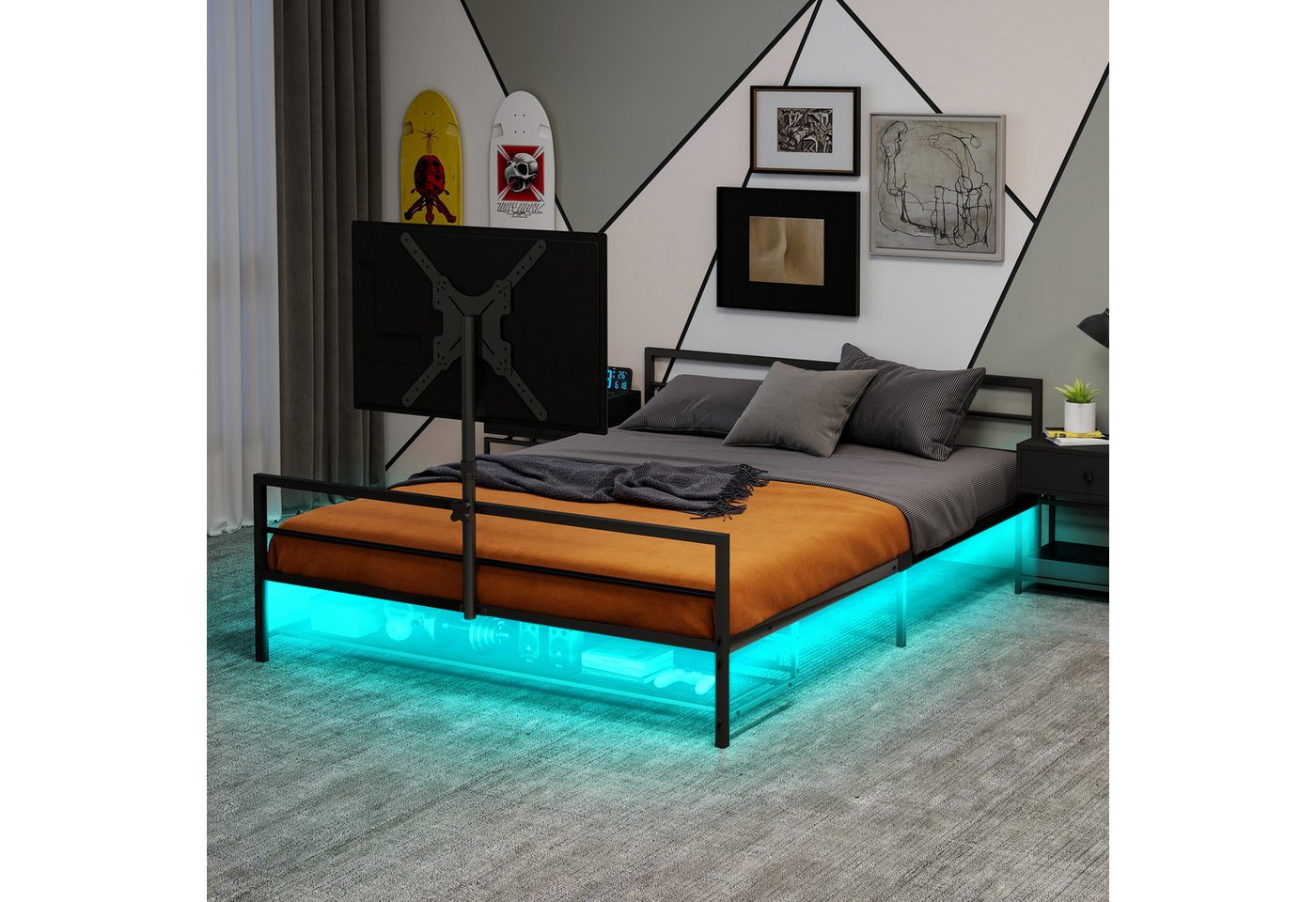 HAUSS SPOLE Metallbett mit Lattenrost Jugendbett 90×200 mit Stauraum Metallbett mit LED (Gaming-Bett mit LED-Beleuchtung, verstellbarer Monitorhalterung und praktischen Aufbewahrungskörben, mit stabiler Metallstruktur und 330 Pfund Tragfähigkeit), ohne Matratze von HAUSS SPOLE