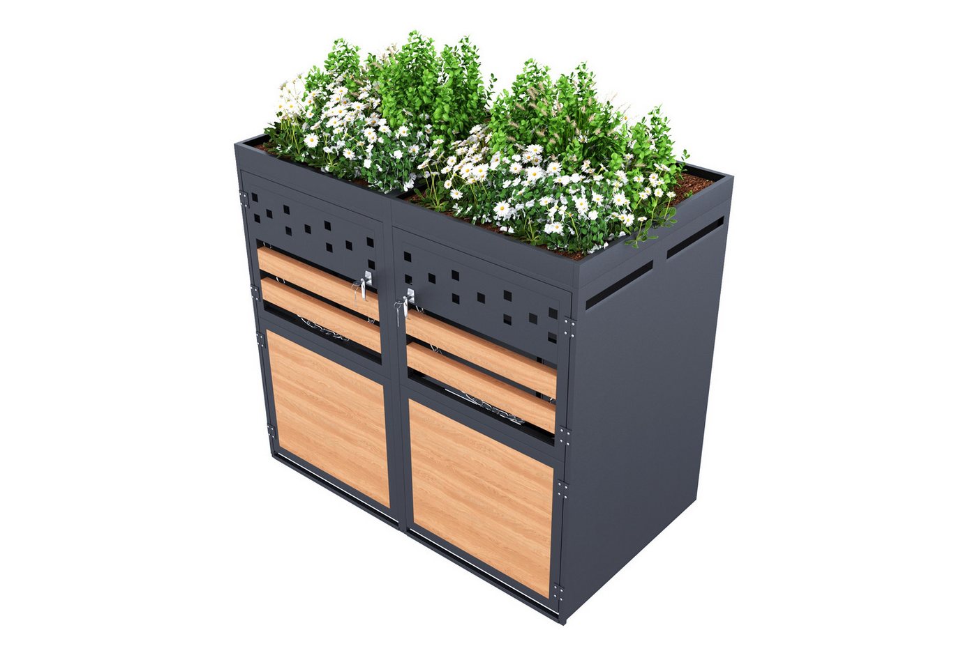 HAUSS SPOLE Mülltonnenbox mit Pflantdach, für 2 Mülltonnen 120-240 Liter, Tür in Holzoptik (Abfallstaufach, Abfalleimer, 1 St., fasst Mülltonnenbox mit einem Fassungsvermögen von 120-240 Litern), mit Belüftungslöchern HAUSS SPOLE Mülltonnenbox mit Pflantdach, für 2 Mülltonnen 120-240 Liter, Tür in Holzoptik (Abfallstaufach, Abfalleimer, 1 St., fasst Mülltonnenbox mit einem Fassungsvermögen von 120-240 Litern), mit Belüftungslöchern von HAUSS SPOLE