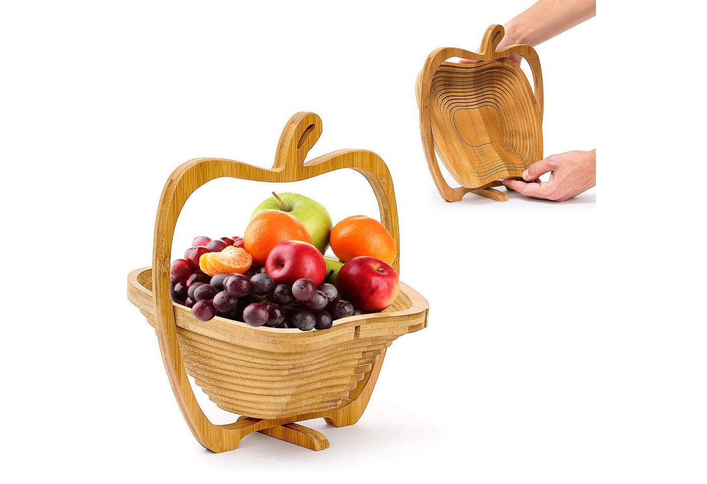 HAUSS SPOLE Obstschale Obstteller-Klappkorb zum Verschenken für Haushaltsgebrauch Wohnzimmer, (Zusammenklappbarer Obstkorb, um Platz zu sparen), 30 x 26 x 14 cm Klappkorb aus Bambus und Untersetzer natürlich braun von HAUSS SPOLE