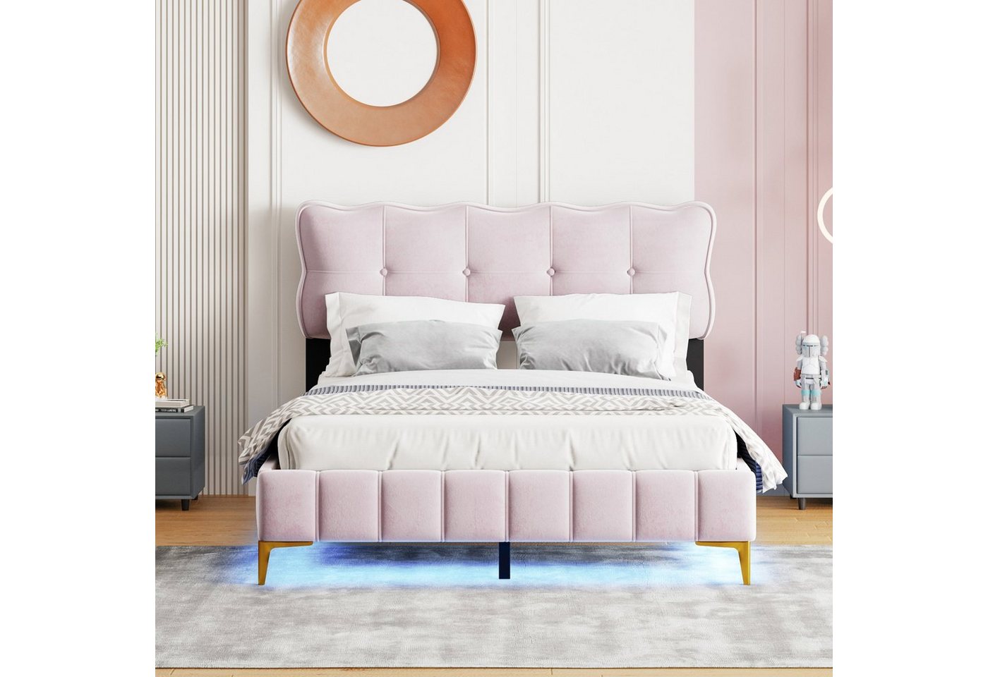 HAUSS SPOLE Polsterbett 140 x 200 cm mit LED-Leuchten, Rückenlehne, Samtstoff, Rosa von HAUSS SPOLE