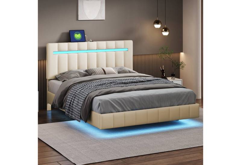 HAUSS SPOLE Polsterbett 140 x 200 cm mit LED-Leuchten und Kopfteildesign Leinen, Beige von HAUSS SPOLE