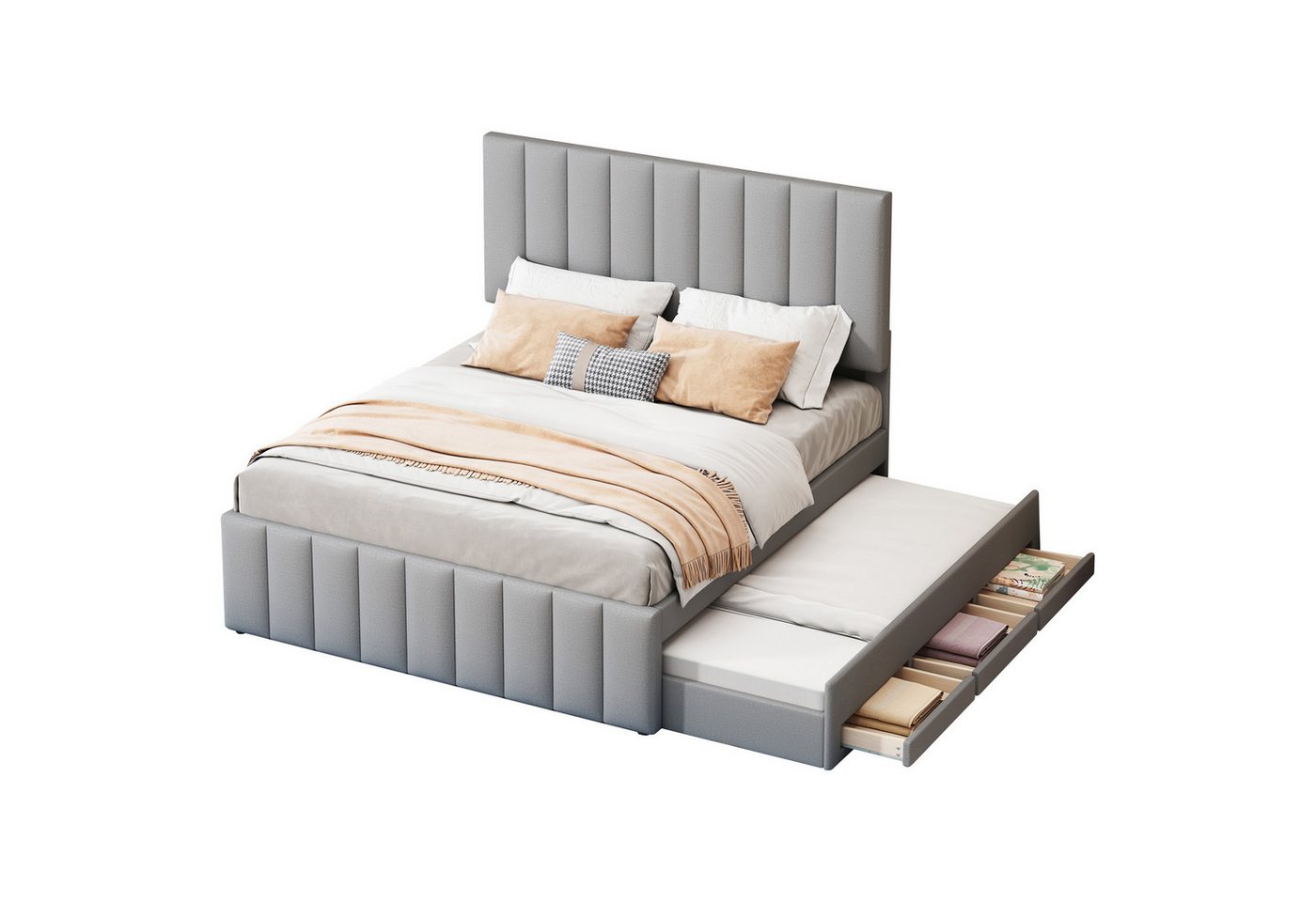 HAUSS SPOLE Polsterbett 140 x 200 cm mit Rollbett und 3 Schubladen, Leinen, Grau von HAUSS SPOLE