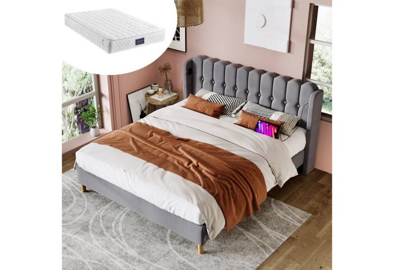 HAUSS SPOLE Polsterbett 140 x 200 cm mit USB Typ C Ladefunktion Leinen Grau (Mit Matratze) von HAUSS SPOLE