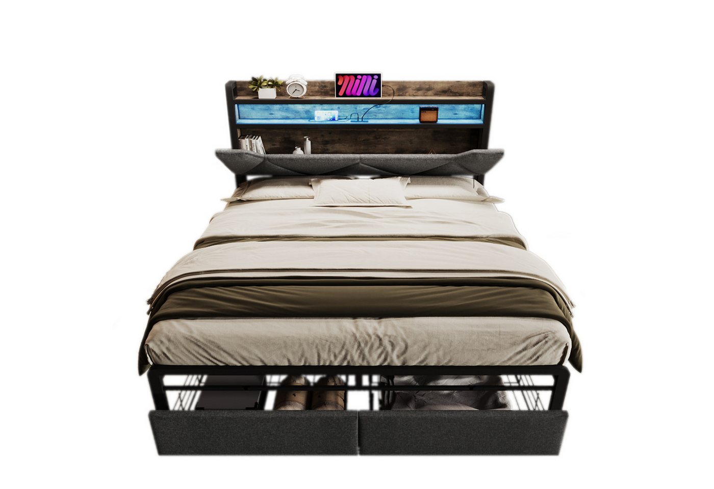 HAUSS SPOLE Polsterbett 140x 200 mit Ladefunktion Stauraum-Kopfteil LED Grau(Mit Matratze) von HAUSS SPOLE